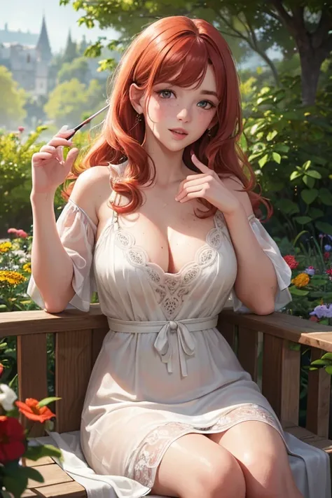 (best quality,4k,8k,highres,masterpiece:1.2),ultra-detailed,realistic,photorealistic:1.37,curly haired redhead,girl,beautiful detailed eyes,beautiful detailed lips,extremely detailed eyes and face,long eyelashes,porcelain skin,soft freckles,rosy cheeks,rad...