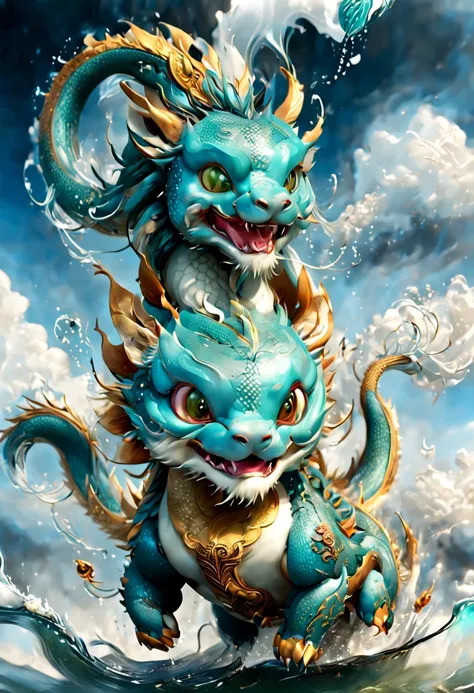 Cute Chinese Dragon, cute animal, dynamic pose, floating, cloud, wind, water drops, 3d render, octane render, enhance, intricate, (best quality, masterpiece, Representative work, official art, Professional, unity 8k wallpaper:1.3)