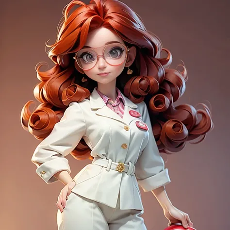 Curly redhead girl in pharmacist outfit Disney glasses