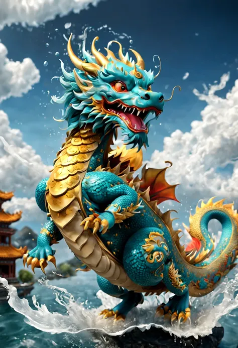 Cute Chinese Dragon, cute animal, dynamic pose, floating, cloud, wind, water drops, 3d render, octane render, enhance, intricate, (best quality, masterpiece, Representative work, official art, Professional, unity 8k wallpaper:1.3)