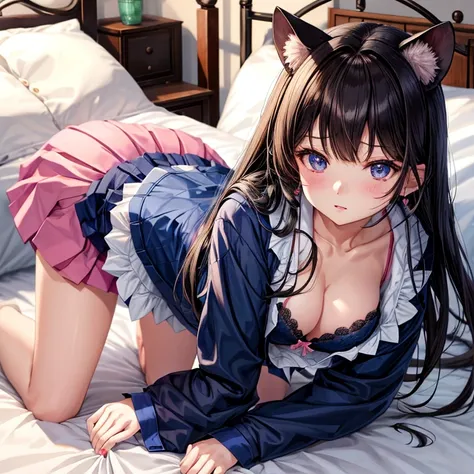 A dark-haired、Straight hair、Ultramarine eyes、One pretty girl、独奏、animesque、On the bed、all-fours、校服、button open shirt、Bra is pink、a miniskirt、Hot cheeks、Put your hair over your ears