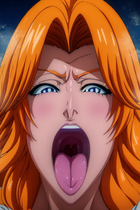 (obra maestra, mejor calidad), 1chica, deslumbrante, night, face, open mouth, uvula, mouth, tongue, tongue out, orange hair, blue eyes, grey eyes, rangiku, matsumoto, long hair