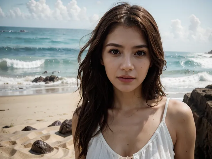 potrait photography , wide angle , spanish woman , beautiful , ocean , beach , brown hairs with faded ends , brown eyes