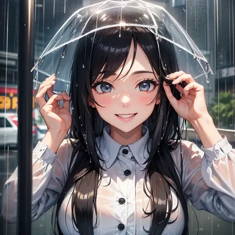 A 25 years old girl  drenching in rain, rainy day, smiling face, looking at viewer