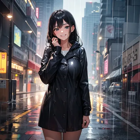 A 25 years old girl  drenching in rain, rainy day, smiling face, looking at viewer