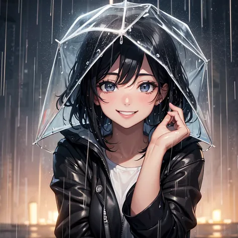 A 25 years old girl  drenching in rain, rainy day, smiling face, looking at viewer