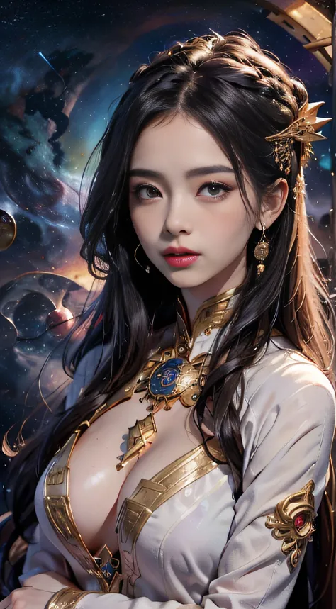 1 goddess of the zodiac from the future, wear the ao dai of the goddess of the zodiac to cover her chest, the goddess of the zodiac wears a bright yellow gold bodice, the goddess radiates a bright pink purple zodiac aura, the stars have the shape of the 12...