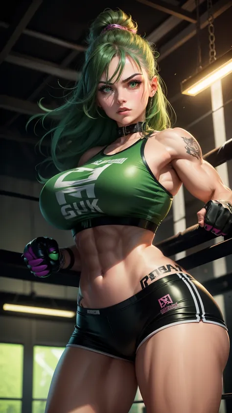 Punk girl, huge breasts, strong biceps, strong abs, muscular, gym, glowing green eyes, beautiful, young, fair skin, smooth hair, high quality, detailed, masterpiece, boxing gloves