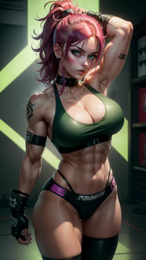 Punk girl, huge breasts, strong biceps, strong abs, muscular, gym, glowing green eyes, beautiful, young, fair skin, smooth hair, high quality, detailed, masterpiece, boxing gloves