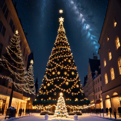 Sparkling Christmas tree with illuminations and snowman