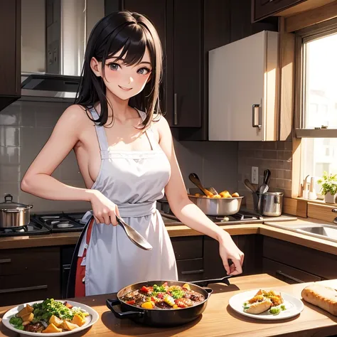 A 25 years old girl wearing cooking dress, cooking food at kitchen, smiling face, looking at viewer