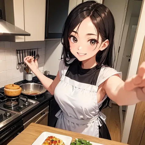 A 25 years old girl wearing cooking dress, cooking food at kitchen, smiling face, looking at viewer