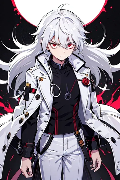 a man with long hair and red eyes, wearing a large white coat over a black woolen shirt with a high collar. his hair cascades do...