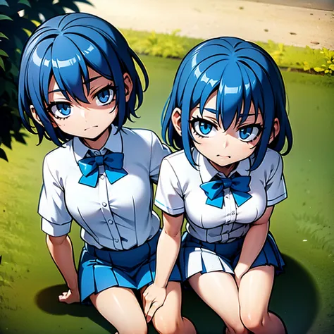 1 woman , short hair, blue hair (green hair lights)  , (flat chest), small breasts, white student outfits, in a garden, school o...