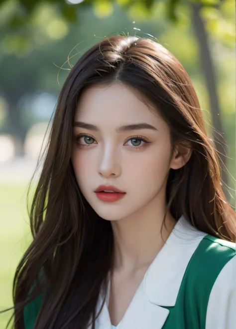 (high quality, realistic) A teenager european lady with dark long hair, red glossy lips, and blue or green eyes, wearing a green jacket and a white shirt. The girl is the main focus of the image, with her beautiful detailed eyes captivating the viewer. The...