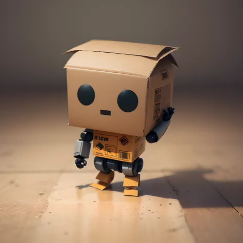 Robots made of cardboard boxes,tchibi,full bodyesbian, focus on the robot , Nothing else, actual, maximalist, no shadow, deep dark background, The beautiful