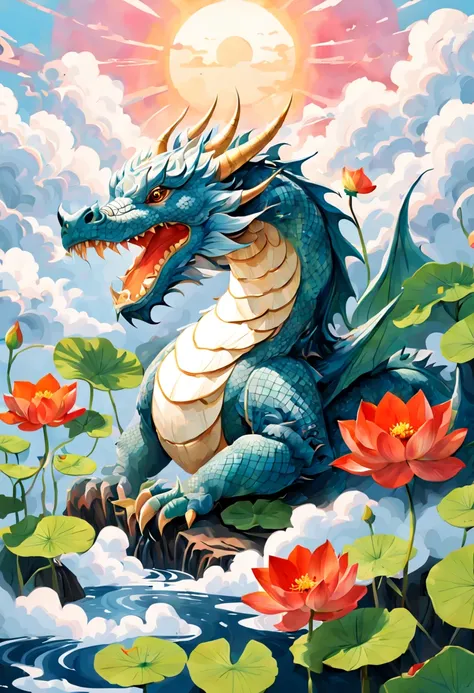 Cute Dragon, The sun shines, Stepping on lotus, in heaven, Nasturtium blooms in the clouds, Oriental elements,Ink painting style, Lots of white space, enhance, intricate, (best quality, masterpiece, Representative work, official art, Professional, unity 8k...