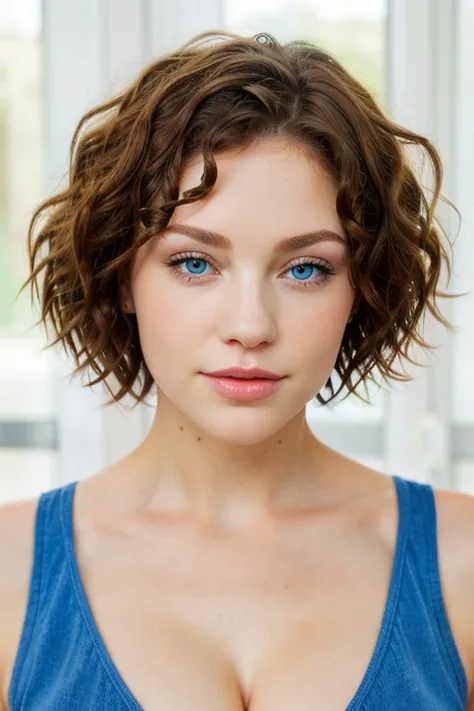 Front view of a magnificent young woman with blue eyes, this woman has short and curly hair, luscious lips.