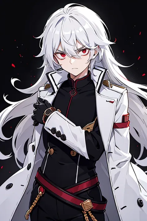 a man with long hair and red eyes, wearing a large white coat over a black woolen shirt with a high collar. his hair cascades do...