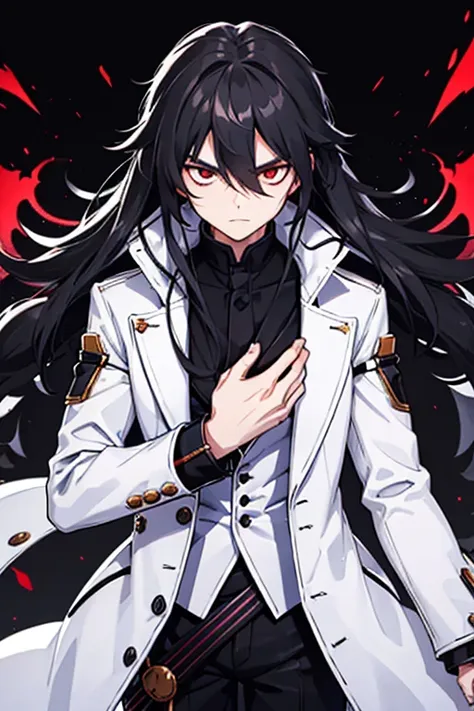 a man with long hair and red eyes, wearing a large white coat over a black woolen shirt with a high collar. his hair cascades do...