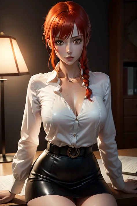 Nami from one piece , theres a desk in a room with a window and a lamp, Makima  sitting at the desk and doing  work, red hair, glistening yellow eyes, detailed face, soft lips, soft skin, extremely detailed face, perfect quality, wet skin and hair, medium ...