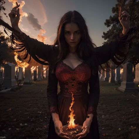 (best quality,4k,8k,highres,masterpiece:1.2),ultra-detailed,(realistic,photorealistic,photo-realistic:1.37),dark and surreal,spiritual essence,fiery red atmosphere,menacing aura,long arms,long fingers,levitating above a cemetery