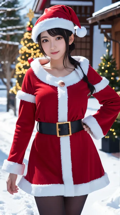 beautiful japanese female，Santa Claus costume，Christmas tree，black hair, Surrealism, super detail, UHD, masterpiece, ccurate, anatomically correct, textured skin, super detail, high details, best quality, 8k