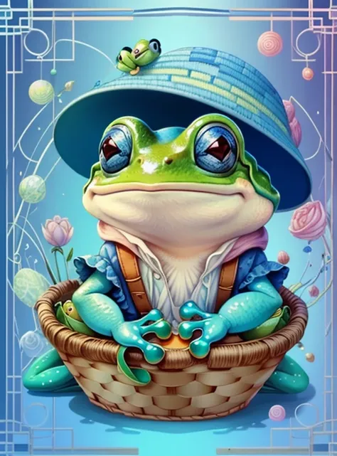 (cute frog smiling with a blue hat in a beautiful basket) Munchkin ,Geometric multidimensional wall portrait, livro de arte, Tchibi,
Yang08k, Beautiful, Colouring,
Obras, of the highest quality, best quality, Arte Oficial, Beautiful and Aesthetic,