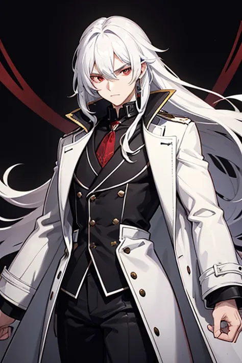 a man with long hair and red eyes, wearing a large white coat over a black woolen shirt with a high collar. his hair cascades do...