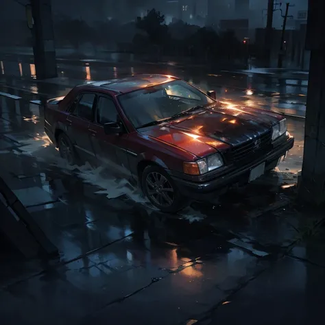 A young boy car accident, (best quality, highres:1.2), dark and moody, dramatic lighting, intense emotions, wet roads, shattered glass, damaged car, fear and panic, emergency vehicles, reflections in the puddles, rain-soaked clothes, worried expressions, b...