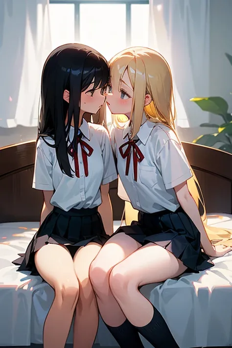 Two girls kissing while sitting on the bed, School Uniforms、Mini skirt, White panties、White shirt、open ribbon、background at room、Black hair long hair、Blonde Bob Hair、Yuri、