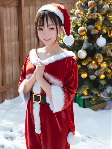 tre anatomically correct,Masterpiece of,High image quality,(Cute Santa Claus costumes:1.5),(The material of the costume is high-quality silk:1.4),20 years old, Japan Female, (Random posture:1.4),Christmas tree，Professional Lighting,((Japan hair)),((Natural...