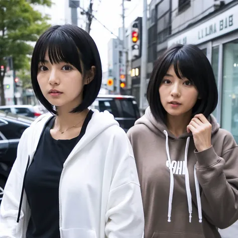 Japanese woman with black bob hair。Wearing a white hoodie。