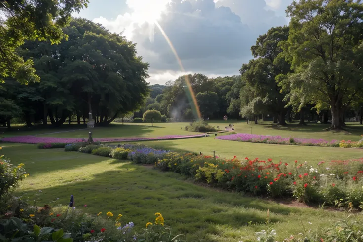 Imagem: Draw or imagine a magical forest, where the trees have colors like a rainbow, com tons brilhantes de vermelho, azul, verde e amarelo. The ground is covered in large, colorful flowers, and the sun&#39;s rays shine through the leaves, Creating light ...