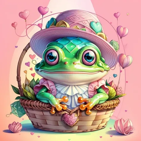 (cute frog smiling with a pink hat in a beautiful basket and hearts) Munchkin ,Geometric multidimensional wall portrait, livro de arte, Tchibi,
Yang08k, Beautiful, Colouring,
Obras, of the highest quality, best quality, Arte Oficial, Beautiful and Aestheti...