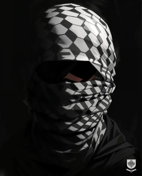 a black and white photo of a man wearing a head scarf, with a covered face, veiled, face covered, white helmet, militaristic, balaclava covering face, balaclava, covered head, taliban, masked, veiled face, covered face, demobaza, snake eyes, nomad, warfare...