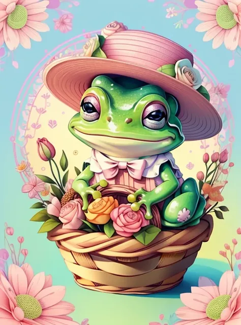 (cute frog smiling with a pink hat in a beautiful basket of flowers) Munchkin ,Geometric multidimensional wall portrait, livro de arte, Tchibi,
Yang08k, Beautiful, Colouring,
Obras, of the highest quality, best quality, Arte Oficial, Beautiful and Aestheti...