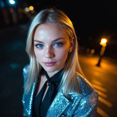 (selfie, top view: 1.4), (straight half of the body: 1.4), RAW UHD portrait photo of a 24-year-old blonde (blue-eyed woman) walking down a dark alley, medium breasts,, city at night, (skirt), (neckline), details (textures! , hair! , glitter, color!! , disa...