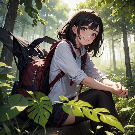 A 20 years old girl adventure on forest, smiling face, looking at viewer