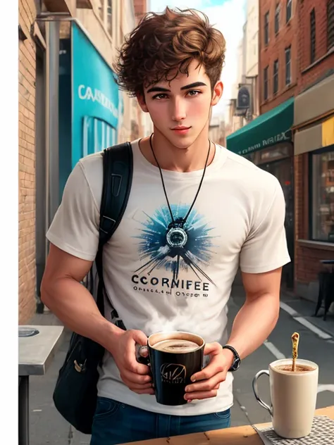 Boy coffee with futuristic background realistic