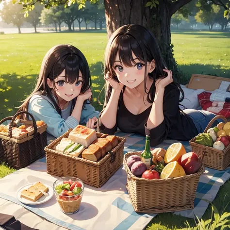 Four girls, age 20 years, enjoying picnic trip, smiling face, looking at viewer