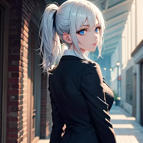 white hair, 1girl, black suit,blue eye,pony tail,hair,. sharp eye,soft lighting, volumetric lighting, intricate details, finely detailed, blue eyes,solo,( looking back:1.4),standing, straight back,hall way