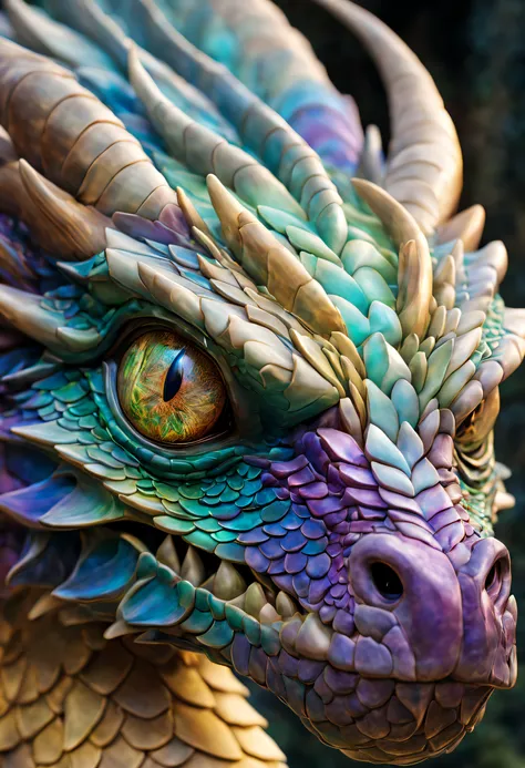 a close-up of the head of a magnificent, very detailed dragon, its scales are like multi-colored glass. Her eyes are gorgeous and textured