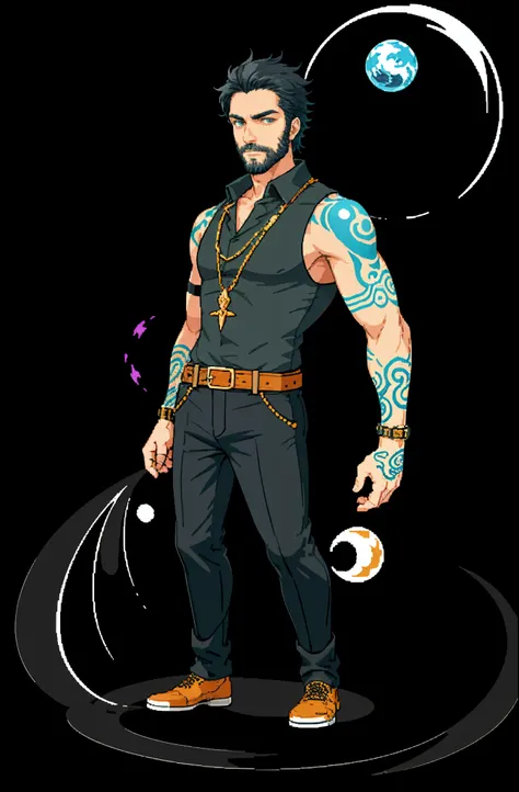 (masterpiece, superior quality, best quality), pixel, pixel art, 1homem, character based on the photo used, full body!, A man, in his 20s, with a full beard with dark black hair, with many colorful tattoos on his arm, with black hair, short hair, with a wi...