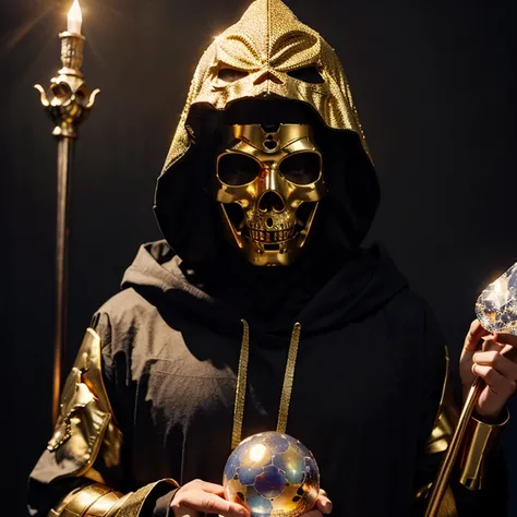 man wearing a large hood that covers his entire body with a golden skull mask holding a scepter with a crystal ball on top