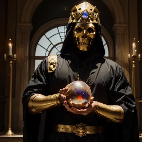 man wearing a large hood that covers his entire body with a golden skull mask holding a scepter with a crystal ball on top