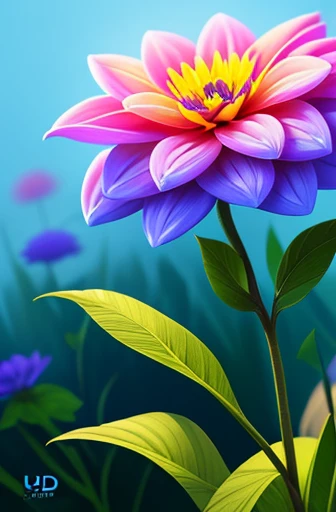 Digital art detailed for the best masterpieces, Highest Quality, bright delicate blue and pink dahlia flowers with elegant leaves, Beautiful and elegant diamonds in the background, Graceful stems, And delicate, And elegant, flowey, Glittering petals, flowe...