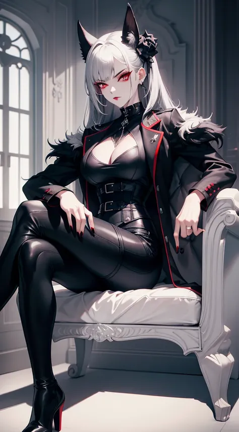 maam, cheveux gris courts, spike hair, red eyes, black eyeshadows, in black lipstick, White aristocratic jacket, black colored leggings, , musculature, clawed paws, borgar, sitting on an armchair, tmasterpiece, high high quality, 4K, k hd, Nice details