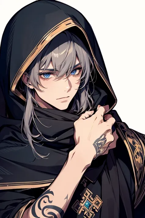 male people, Straight bangs, brunette color hair, blue gray eyes, pretty  face, Handsome, Tattooed with, Hooded scarf, Rogue Mage, medieval times