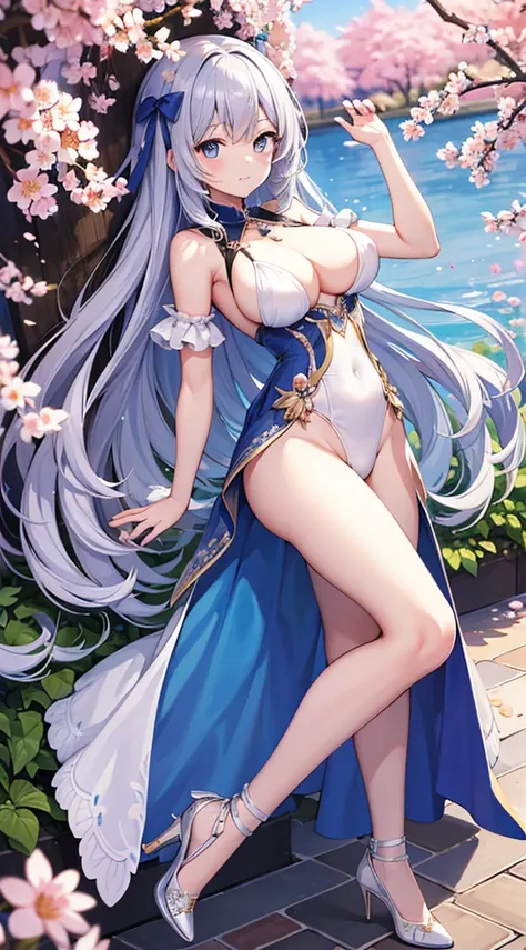 (tmasterpiece), Best quality at best, A high resolution, The  very detailed, detailedbackground, perfect litthing, En plein air, 1个Giant Breast Girl, Sakura blossomlack long straight，blue color eyeull body like，silver high heels